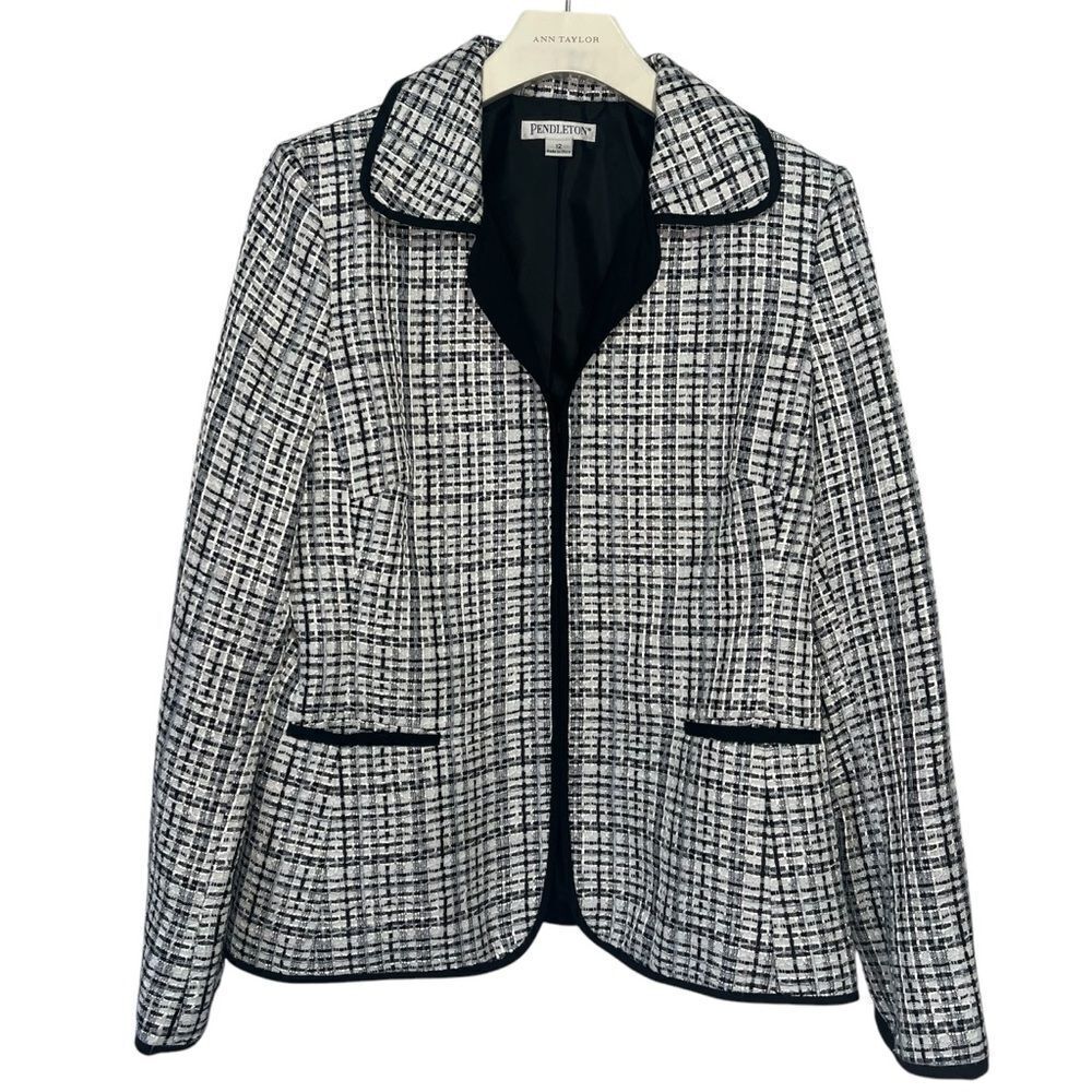 Pendleton Tweed Blazer Jacket size 12 Black/White/Gray Academia Preppy